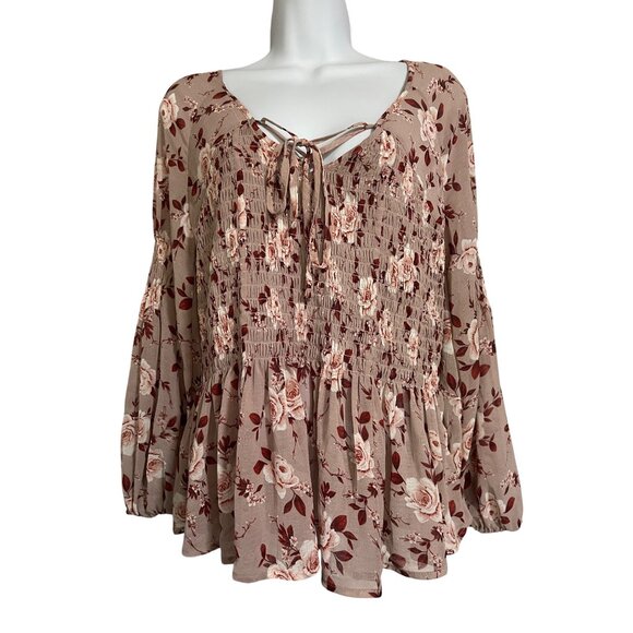 American Eagle Outfitters Sheer Floral Smocked Boho Blouse Tie Neck Womens Small - Picture 1 of 7